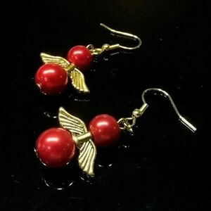 Handmade Red Glass Pearl and Gold Plated Pewter Angel Wings Dangle Earrings